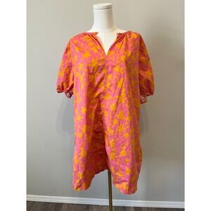 FREE ASSEMBLY Women's XL Pink Orange Floral Print V Neck Midi Dress Pockets